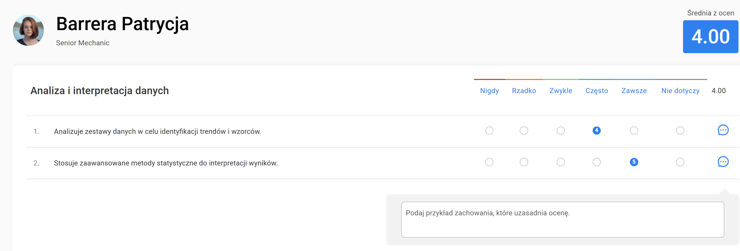 Formularz oceny online — pytania kompetencyjne i skala odpowiedzi
